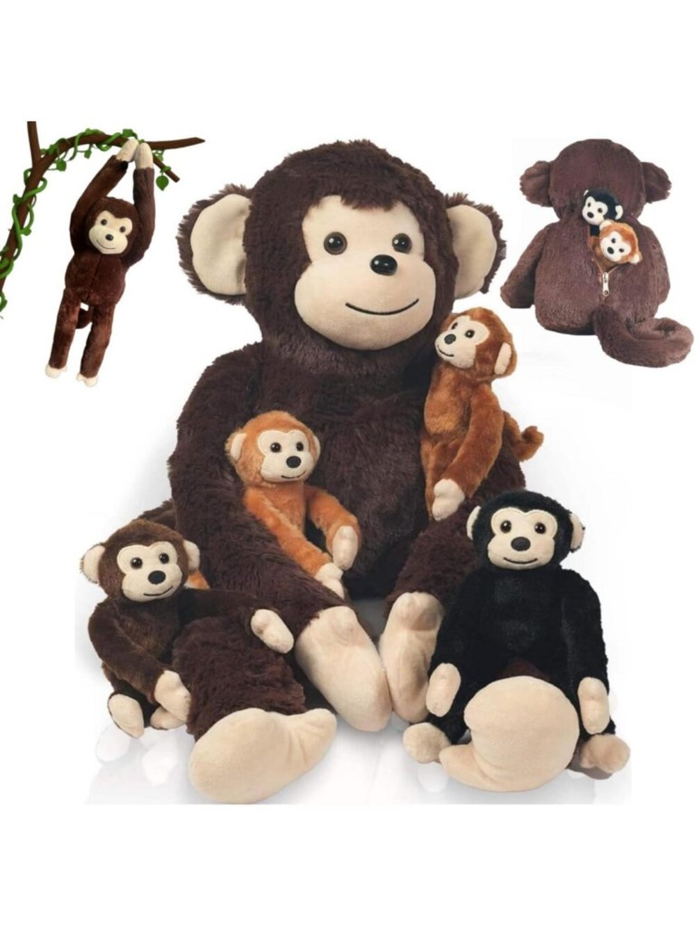 5-in-1 Large Huggable Monkey Plush Toy with 4 Baby Monkeys - Perfect Gift for
